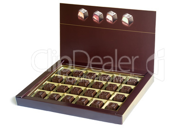 An open box of chocolates on a white background.