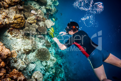 Snorkeler Maldives Indian Ocean coral reef.