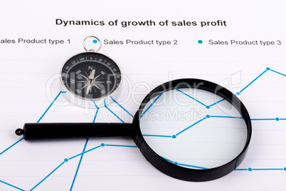 Business concept with the chart, compass and magnifying glass