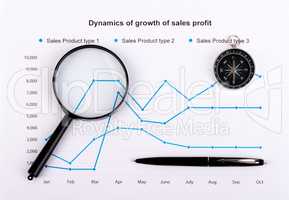 Business concept with the chart, compass and magnifying glass