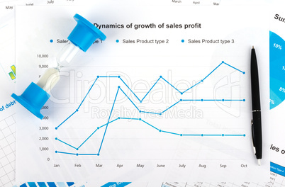 Financial chart with an hourglass and a black pen