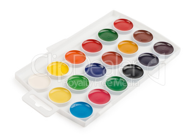 New watercolor paints in palette isolated on white background