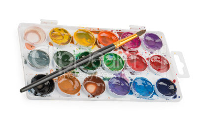 Watercolor paints in palette with the brush for drawing