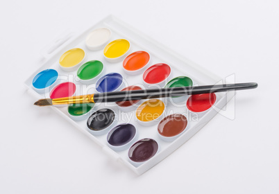 Watercolor paints in palette with the brush for drawing