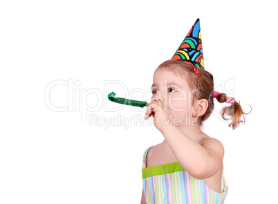 child with birthday hat on white