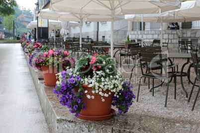 Large pots of flowers adorn the streets