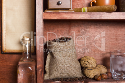 Wooden shelf with coffee beans