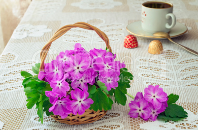 Wattled basket with blossoming violets on a table.