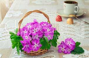 Wattled basket with blossoming violets on a table.