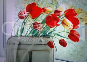 Flowers tulips and a women bag on a window window sill.