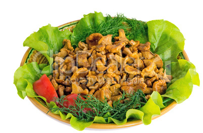 Fried mushrooms of chanterelle on a dish together with lettuce l