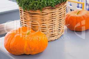 Still life: two pumpkins and a wattled basket with greens.