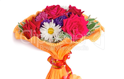 Bunch of flowers: roses, asters, camomiles on a white background