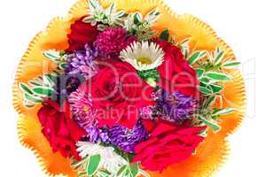 Bunch of flowers: roses, asters, camomiles on a white background