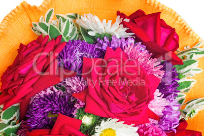 Bunch of flowers: roses, asters, camomiles on a white background