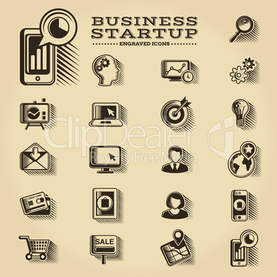 Business and Startup engraved icons set