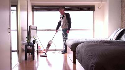 Single Man Father People Cleaning Floor Doing Chores At Home