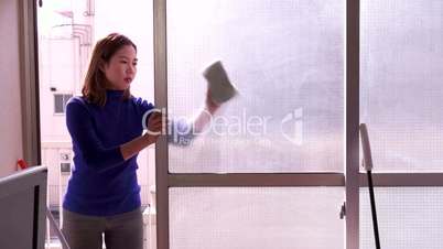 Window Cleaning Young Asian Woman Working Busy Girl Wiping Glass
