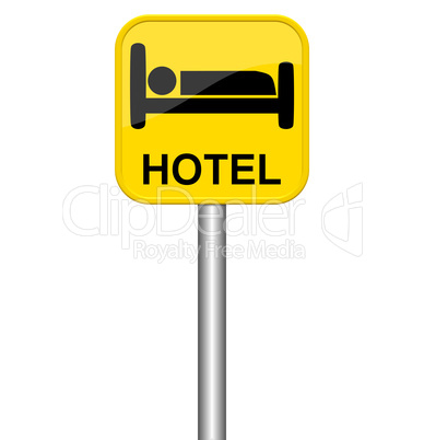 Gelbes Schild zeigt Hotel
