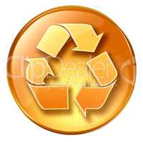 Recycling symbol icon yellow, isolated on white background.