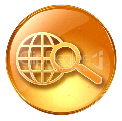 magnifier and globe icon yellow, isolated on white background.