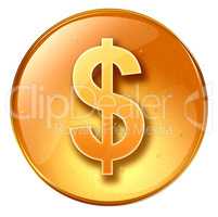button dollar icon yellow, isolated on white background