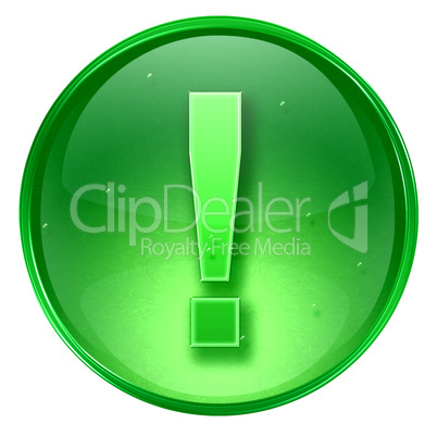Exclamation symbol icon green, isolated on white background.