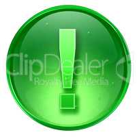 Exclamation symbol icon green, isolated on white background.
