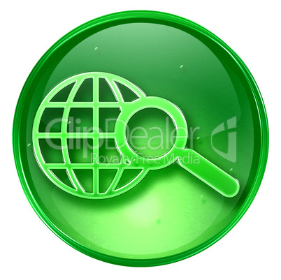 Globe and magnifier icon green, isolated on white background.