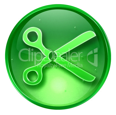 scissors icon green, isolated on white background.