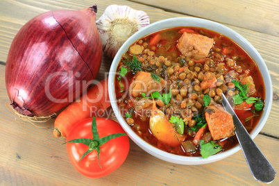 Brown Lentil Soup with Sausage and ingredients.
