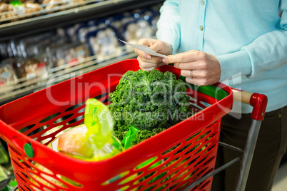 Mid section of a woman with grocery list