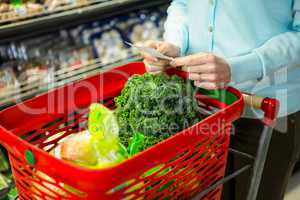 Mid section of a woman with grocery list