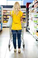 Rear view of Blond woman pushing trolley