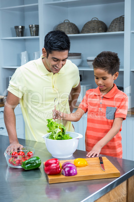 Smiling father preparing salad with his son