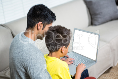 Father and son using laptop on the sofa