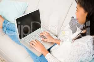 Casual smiling woman using laptop on the couch