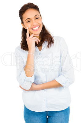 Thoughtful woman with finger on chin