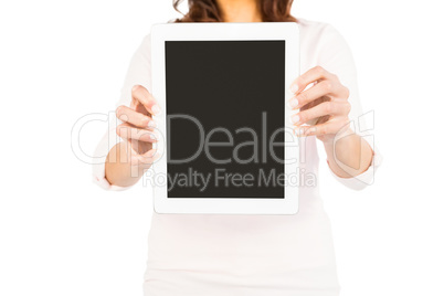 Woman showing tablet black screen