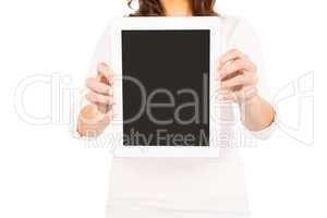 Woman showing tablet black screen