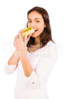 Smiling woman eating sandwich