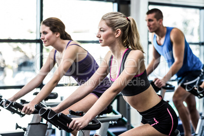 Fit people working out at spinning class