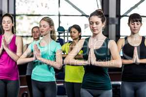 Fitness class doing yoga exercises