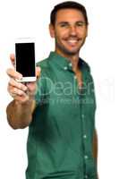 Smiling man showing smartphone screen