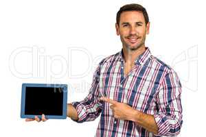 Man showing tablet screen at camera