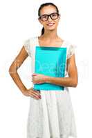 Young woman with eyeglasses holding plastic folder