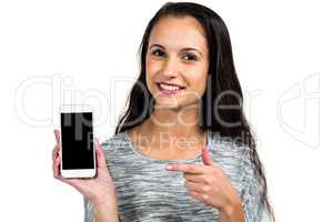 Happy woman showing smartphone screen at the camera
