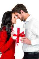 Happy couple holding gift box