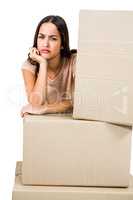 Portrait of woman with boxes
