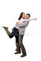 Smiling man lifting woman